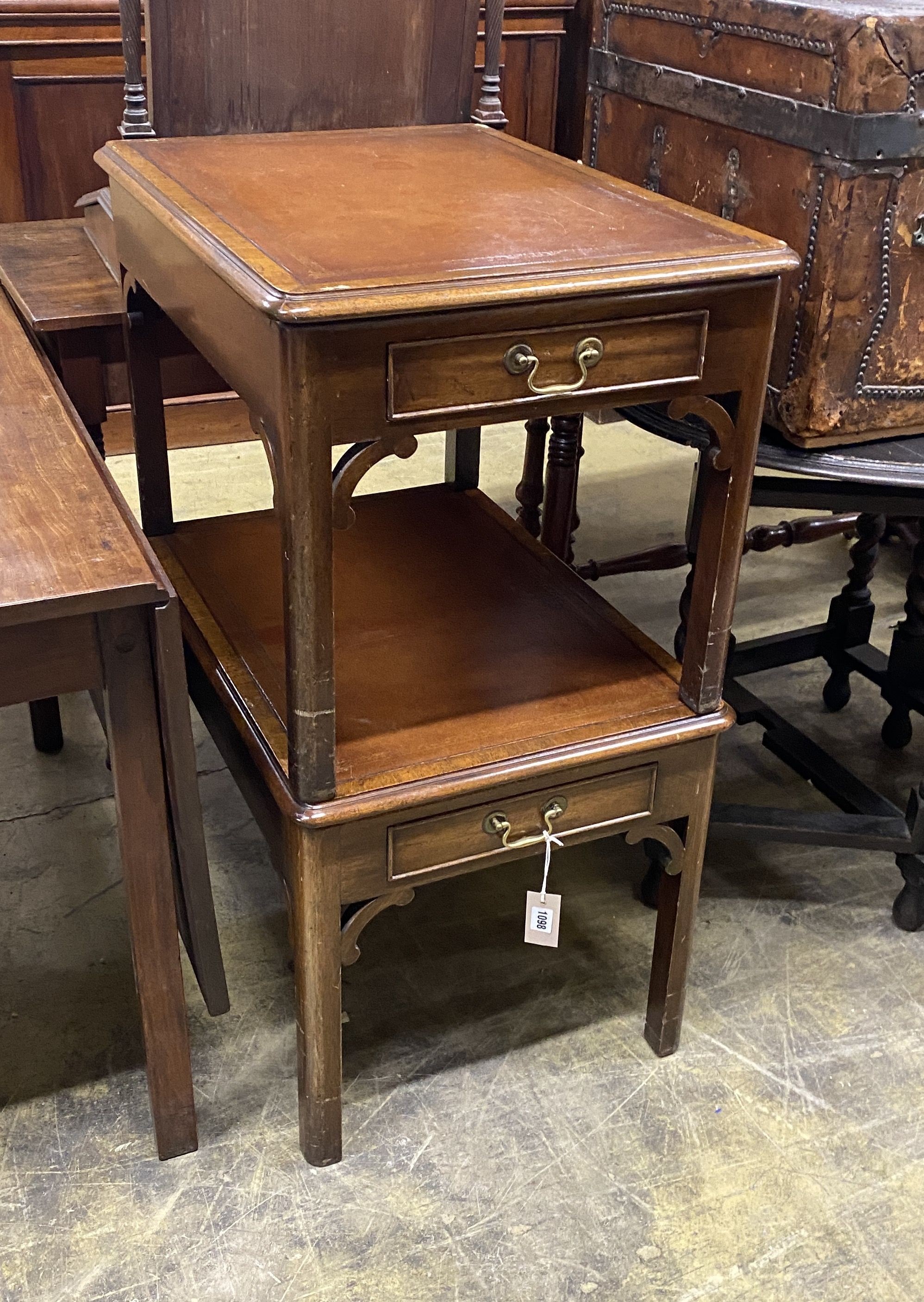 A pair of George III style mahogany rectangular occasional tables with leather inset tops, width 50cm, depth 69cm, height 49cm